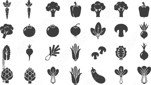 Collection of fresh vegetable icons in modern black silhouette style