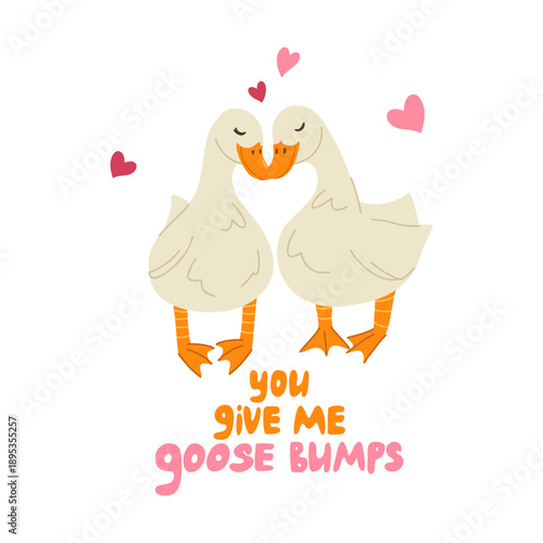 Geese in love. You give me goosebumps lettering. Funny meme quote. Cute farm animal card design. Vector cartoon hand drawn illustration with typography for T-shirt, sticker, print, social media