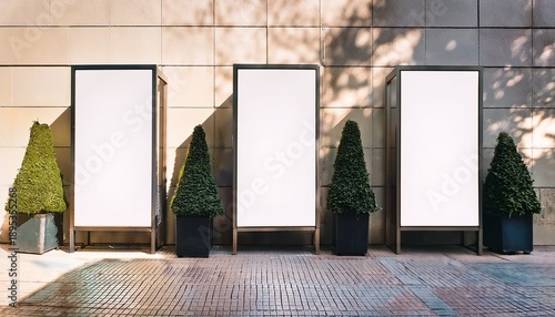 a trio of outdoor display billboardsmtwo vertical frames and a central bannermstand against a modern tiled wall with potted plants on either side and dappled sunlight