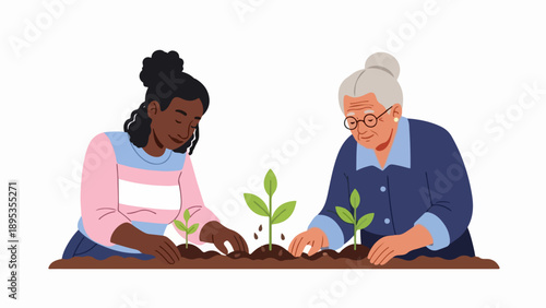 Two women planting plants in dark soil, nurturing young green seedlings. Younger and senior women work together, planting plants, fostering growth, environmental care.