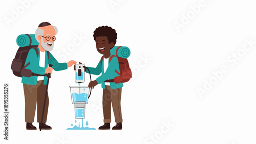 Travelers demonstrate water filter system, purifying water outdoors. Older man and young person operate efficient water filter system for clean hydration.