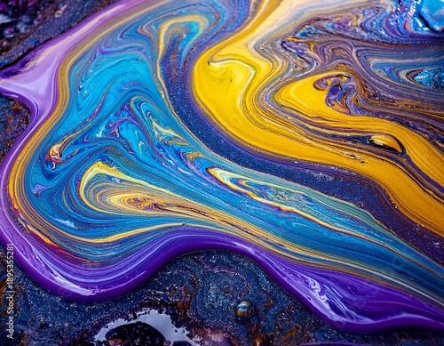 colorful oil slick on the ground with blue purple and yellow swirls abstract background of liquid paint close up photo of a soap film pattern