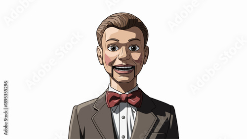 Classic ventriloquist dummy portrait showcasing painted wooden face, articulated mouth, red bow tie. Ventriloquist dummy wears brown suit, representing vintage entertainment, theatrical arts.