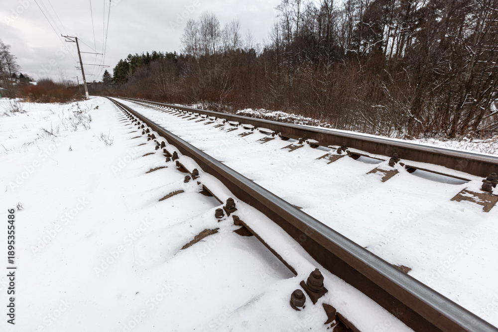 Obraz premium Winter landscape featuring snow-covered railway tracks extend toward the horizon