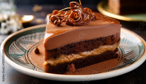 a delicious slice of chocolate cake with a thick layer of chocolate mousse and a generous drizzle of caramel sauce topped with chocolate curls on a decorative plate