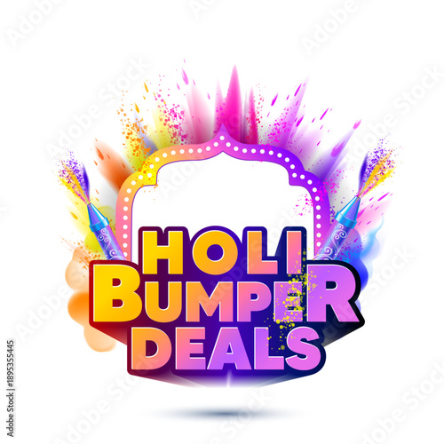 3d Logo unit of Holi bumper deals with color splash and Indian retro frame design. Sale promotional concept.