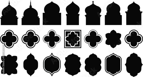 Oriental islamic door and old mosque window shape collection with traditional arabic architecture decorative elements vector illustration design