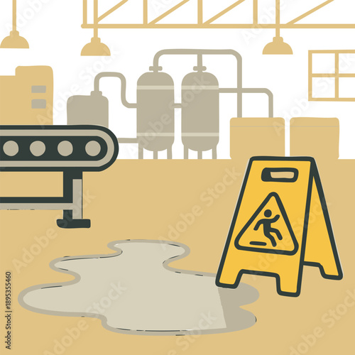 Slippery floor sign in industrial setting