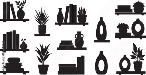 Black silhouettes of home decor items on shelves vector