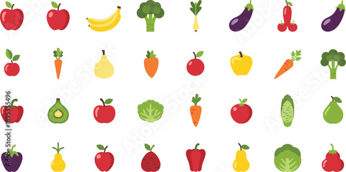 Colorful fruit and vegetable icons for healthy eating and nutrition