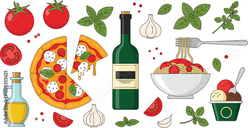 Delicious Italian food illustration set with pasta and pizza
