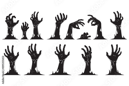 A collection of black zombie hands reaching up from the ground on a white background