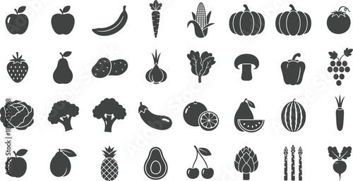 Variety of fresh fruits and vegetables icons in black