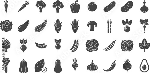 Variety of fresh vegetables and fruits icons in black and white