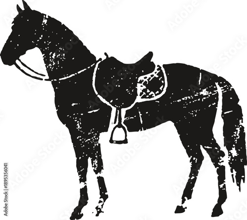 silhouette of horse with saddle and bridle, vintage rustic design