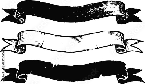 Vintage hand drawn ribbon banner set with grunge texture for decorative design elements