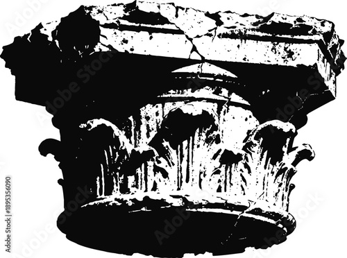 Ancient cracked corinthian column capital with intricate decorative acanthus leaves design