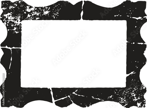 Grunge black torn paper frame with rough texture and distressed edges on white background