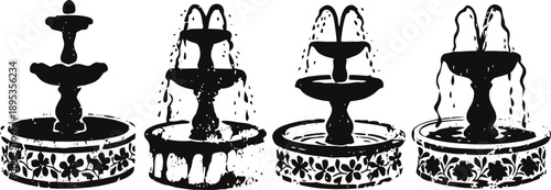 Four black silhouette garden fountains with water sprays and decorative bases