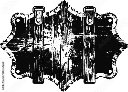 Vintage distressed wooden signboard with metal brackets and decorative edges