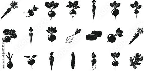 Variety of root vegetables in black silhouettes
