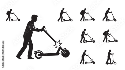 Man riding electric scooter with different poses and actions, various silhouettes showcasing different riding styles and techniques, isolated on a clean background, vector illustrations.