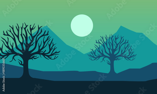 Vector landscape illustration with bare trees silhouetted against teal mountains and a moonlit sky.