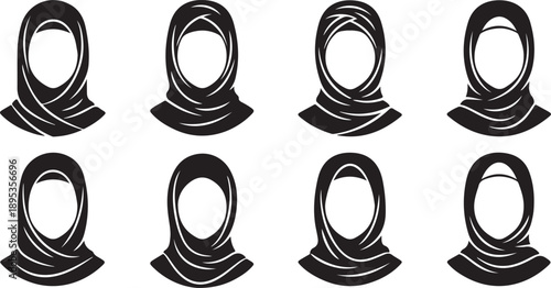 Vector set of minimalist Muslim woman avatar icons in various hijab styles.