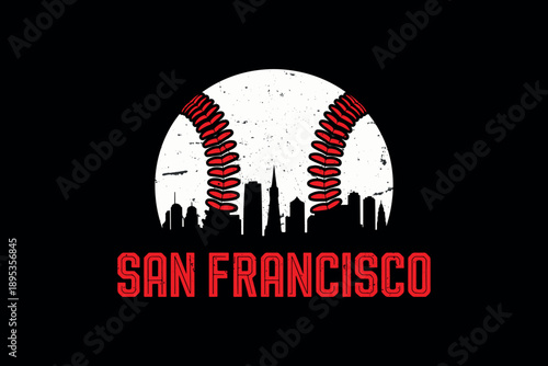 Baseball silhouette with city skyline and bold red text on black background sporty urban theme with grunge texture