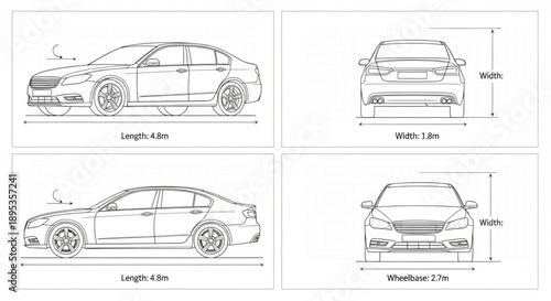 Car Blueprint Dimensions Technical Drawing.