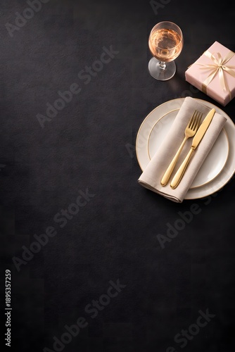 Minimal Luxury Dining Table Setting With Gold Cutlery And Dark Elegant Mood, wine glass and gift box on dark background, elegant flat lay with copy space for premium dining and celebration concept.