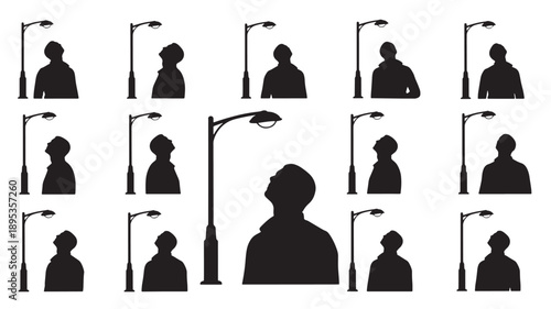 Silhouettes of people standing alone or near street lamps in a grid layout, viewed from the front in a simple graphic illustration style