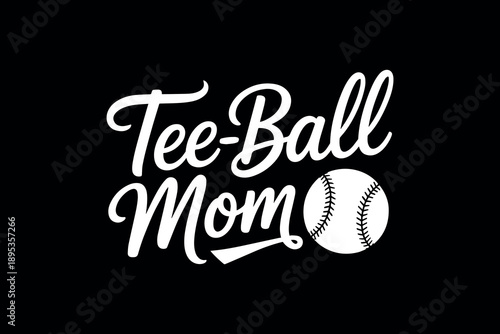 Stylish tee ball mom logo design with elegant script typography and baseball icon on a black background for sports parenting
