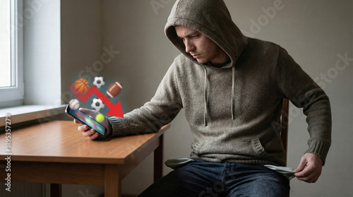 Young man checking betting app with empty pockets and loss symbols, illustrating sports gambling addiction and bankruptcy.