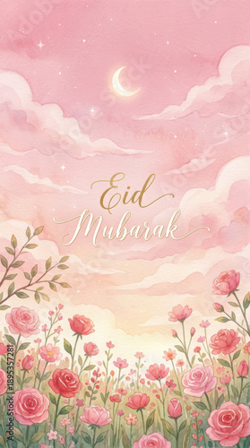 Eid mubarak greeting card featuring pink roses and crescent moon in watercolor cloud sky