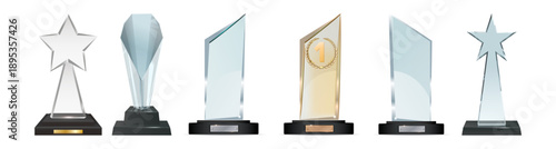 Collection of Diverse Trophies, Including Star, Diamond, and Rectangular Glass Awards, Showcasing Achievement and Recognition
