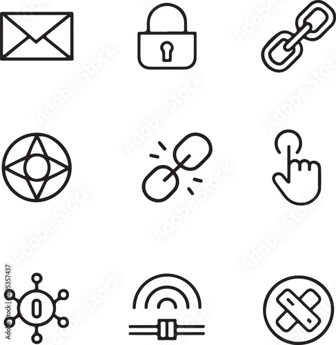 Collection of outline icons for communication, security, and digital connectivity