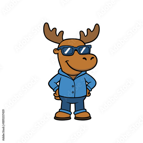 A cool and friendly cartoon moose character with stylish sunglasses and a blue hoodie
