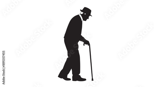 Elderly gentleman walking with cane, dressed formally, in profile view, against a plain background, illustration style