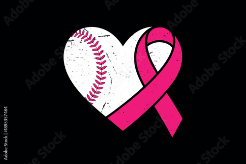 Heart shaped baseball with pink ribbon symbolizing breast cancer awareness on black background