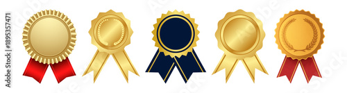Collection of Five Golden Ribbons and Medals Featuring Diverse Designs and Colors