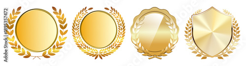A collection of four golden award emblems, including laurel wreaths, a circular badge, and a shield, on a black background.
