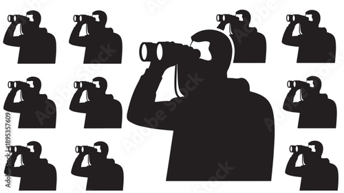 Multiple silhouetted people standing together looking through binoculars in various directions at an outdoor event or activity
