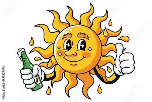 A cartoon sun character holding a cold beer and giving a thumbs up on a white background