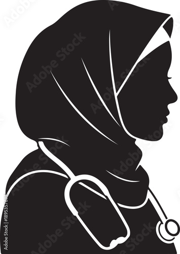 Silhouette of a Muslim female doctor wearing a hijab and stethoscope