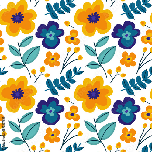 A repeating floral design featuring abstract blossoms and foliage on a clean white background, perfect for textiles and stationery