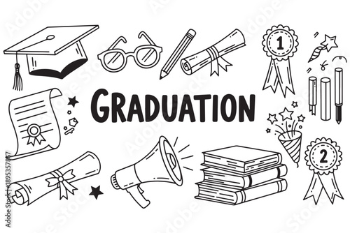 A black and white illustration of graduation icons and objects on a white background