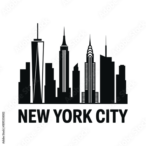 A striking black silhouette of the new york city skyline with text