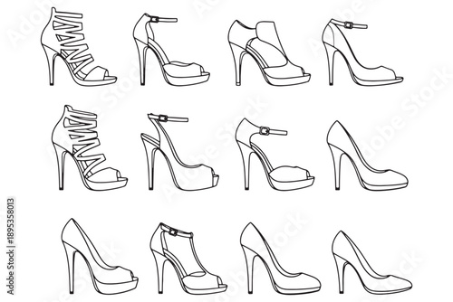 A collection of various high-heeled shoes in different styles and designs