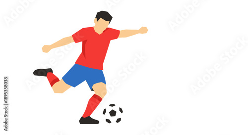 A young athlete kicking a soccer ball with dynamic motion, captured from a frontal viewpoint, showcasing athleticism and sportsmanship in a simple illustration style